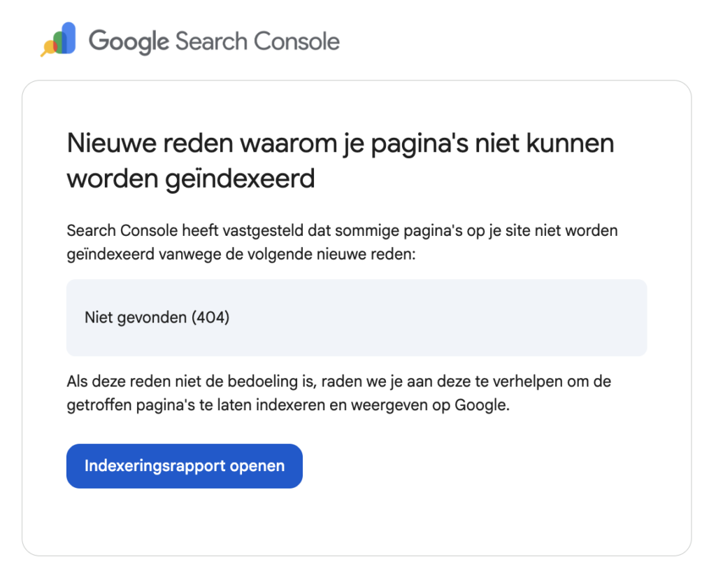 Printscreen van de Google Search Console 404-niet gevonden melding.
