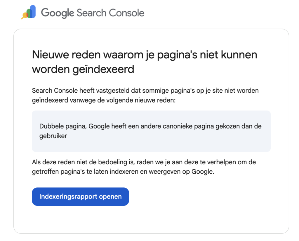 Printscreen van de Google Search Console dubbele pagina melding.