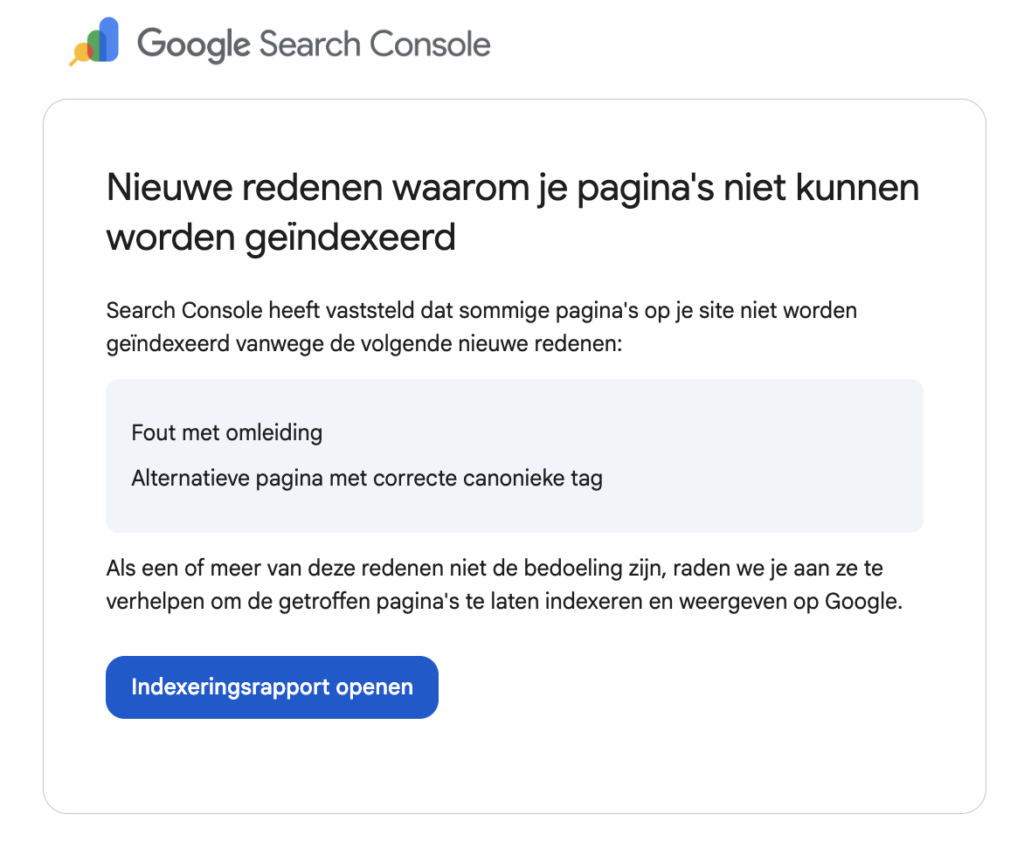 Printscreen van de Google Search Console fout met omleiding melding.