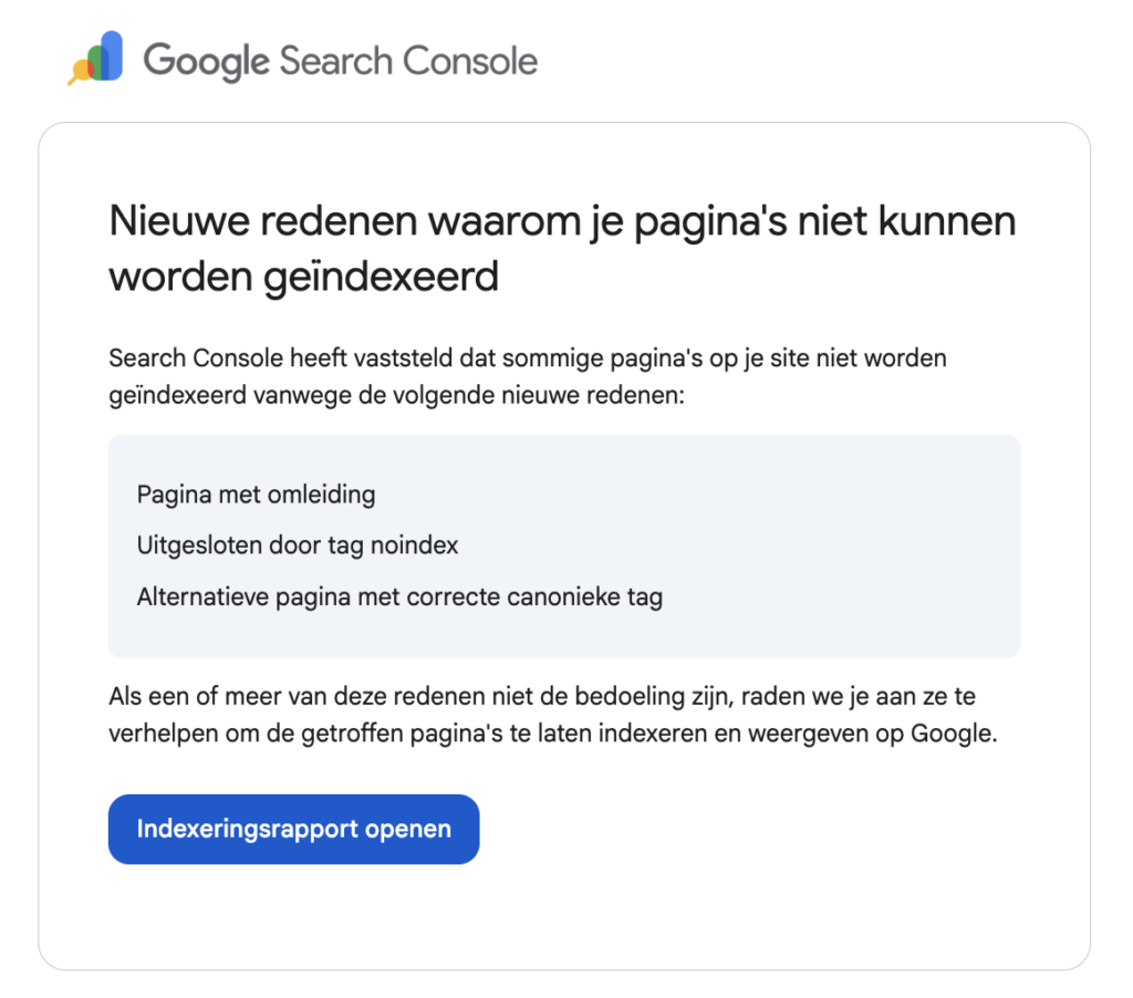 Printscreen van de Google Search Console tag-noindex melding.